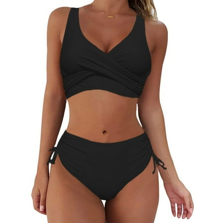 Women s High Waist Two Piece Swimsuits Criss Cross Wrap Solid Color Crop Top with Drawstring Tie Side Bottom Bathing Suit Bikini Set Swimwear