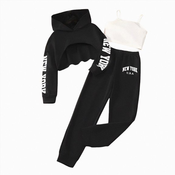 Linfrsh Girls Clothes 3 Piece Outfit Cropped Sweatshirt Pants Tank Top Girls Fall Winter Clothing for School Fall Daily Wear