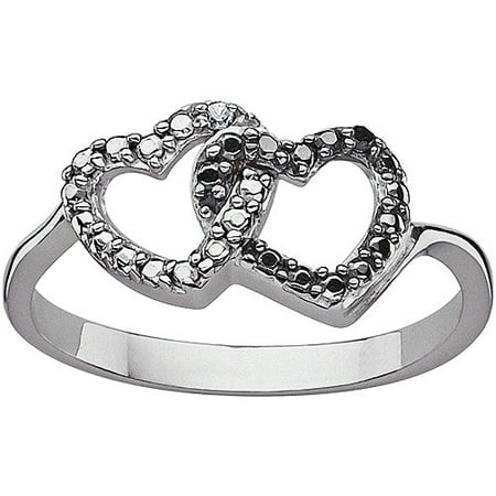 Black and White Round Diamond Accent Sterling Silver Interlocking Hearts Ring