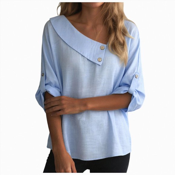 Ymyiu Short Blouses for Women Womens Square Neck Button Blouse Dressy Casual Asymmetrical Tunic Tops Size S(Sky Blue, S)