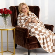 Khaki Checkered Flannel Blanket With Black And White Squares Pattern Soft Throw For Bed Sofa And Couch Cover 39.37 X 27.56 Inches 0.55 Pounds 1Pc