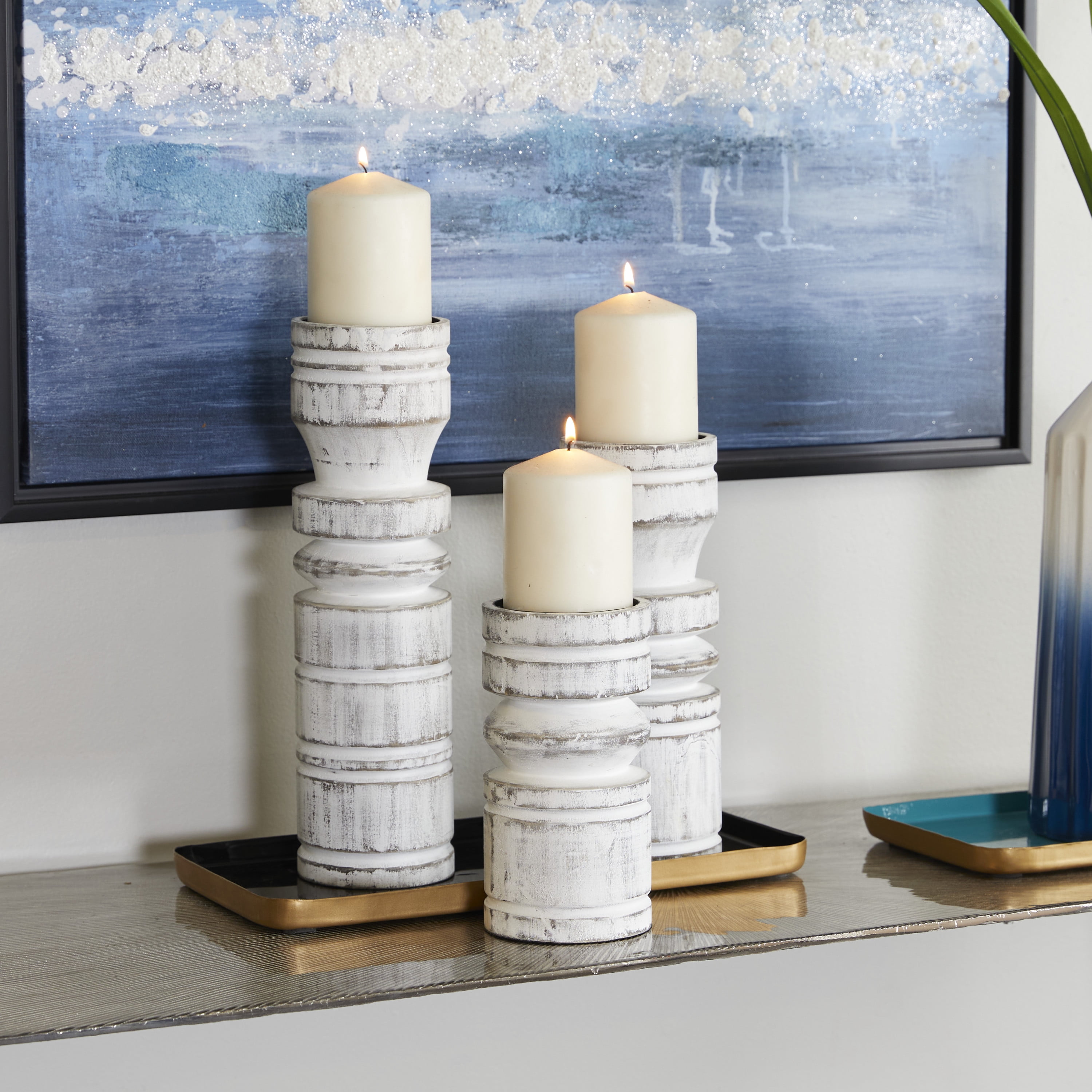 DecMode 3 Candle White Wood Candle Holder, Set of 3