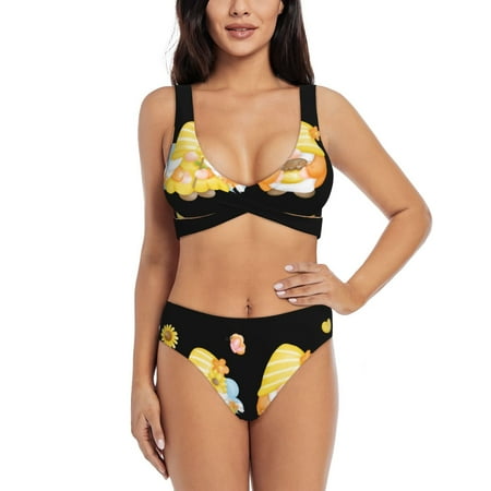 Zeuib Bee Happy Sunflower Gnomes High Waisted Tummy Control Bikini Set - Knot Front Push Up Top & Cheeky Thong Bottom  Two-Piece Swimsuit for Women-X-Large