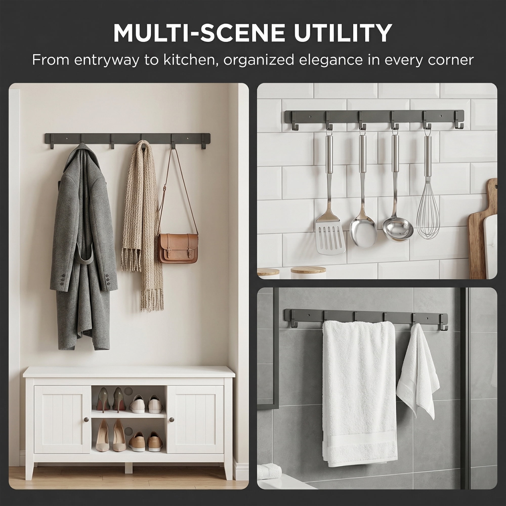Unique Bargains Coat Rack Wall Mount Metal Wood 6 Hooks for Entryway Bathroom Gray