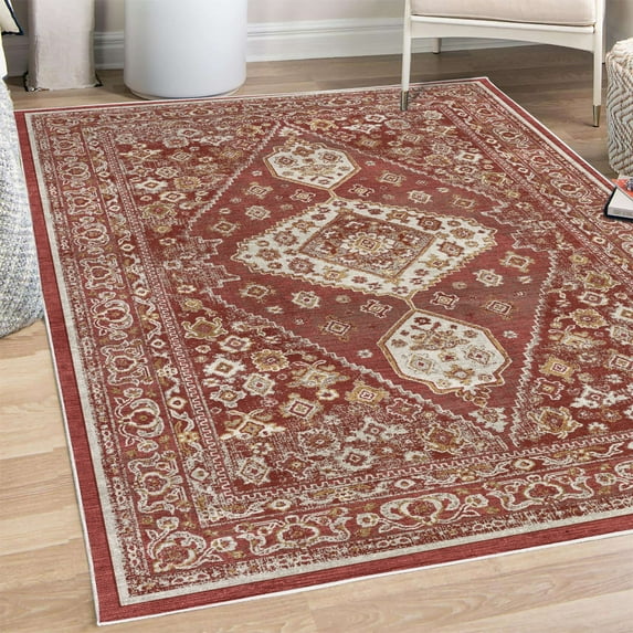 Vintage Decorative Rug, Nostalgic Oriental Look Floral Baroque Details and Ornaments Bohemian Art, Quality Carpet for Bedroom Dorm and Living Room, 6 Sizes, Rust and Mustard, by Ambesonne