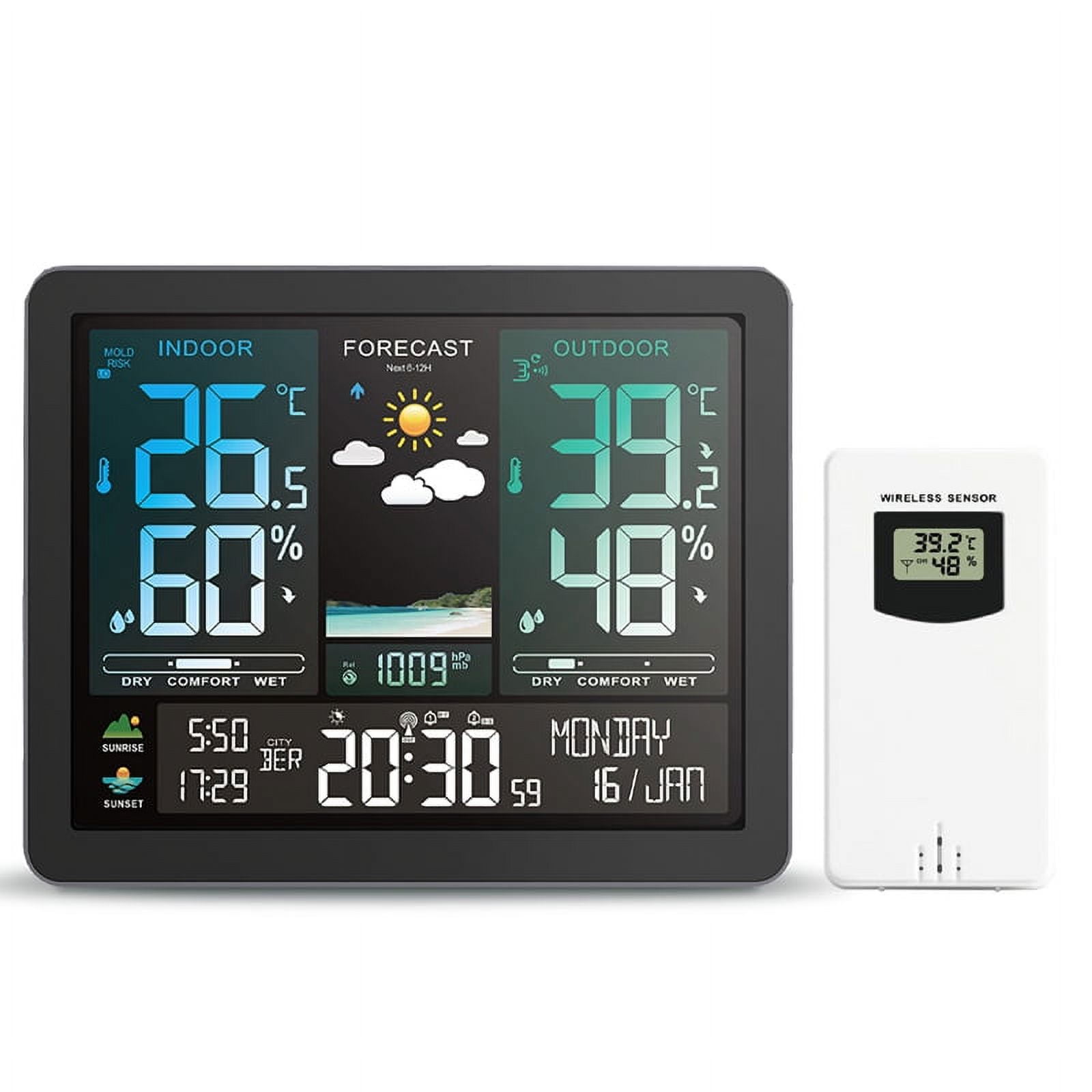 Multifunction Weather Station Alarm Clock Color Screen Sunrise and Sunset Thermometer Hygrometer with Wireless Outdoor Sensor ,High Precision