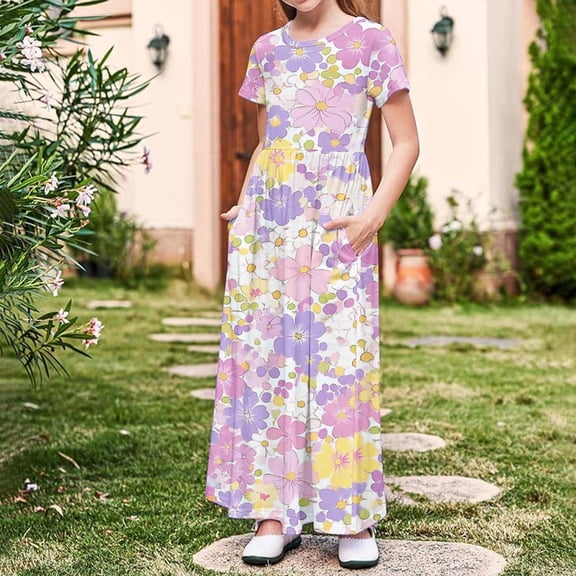 DAETIROS Soft & Flowy Girls Floral Maxi Dress - Casual Short Sleeve Summer Sundress with Pockets for Kids Purple 4-14Y,Size 5 T