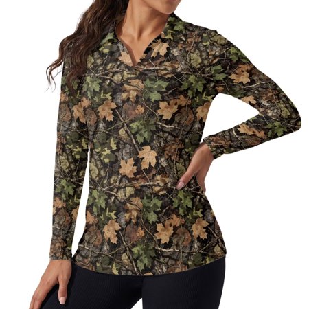 Xoenoiee Hunting Camo Print Women s V-Neck Golf Shirts Quick Dry Lightweight Long Sleeve Golf Polo Shirts UPF 50+ Sun Protection Tennis Shirts Top Athletic Golf Wear S