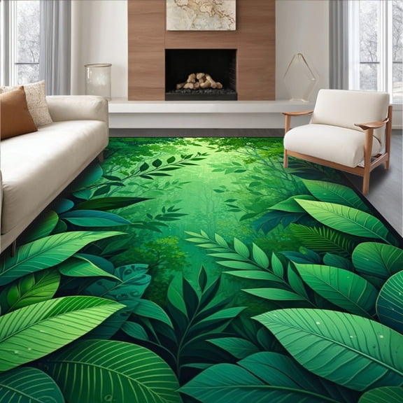 ODIKA 4'x6' Machine Washable Non-Slip Area Rug, Verdant Canopy Botanical Leaf High Traffic Rug, Green, 85681