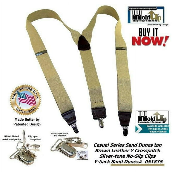 Holdup Brand Sand Dunes Tan Casual Series Suspenders in Y-back style with Silver Tone No-slip Clips