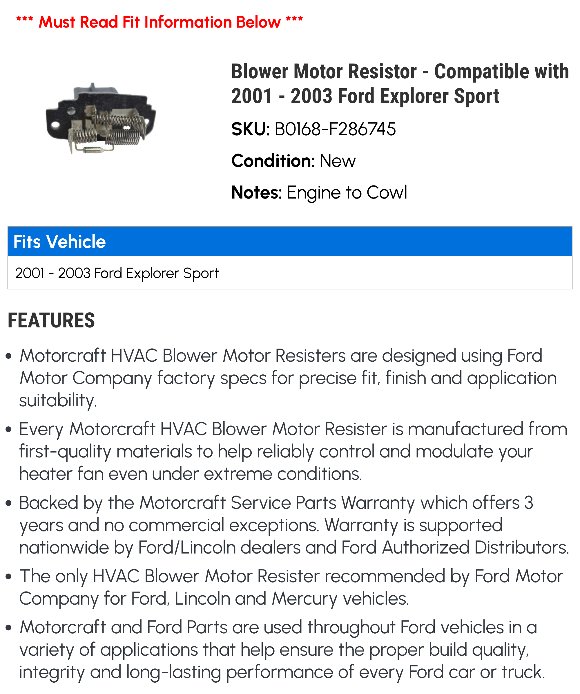 Blower Motor Resistor - Compatible with 2001 - 2003 Ford Explorer Sport 2002