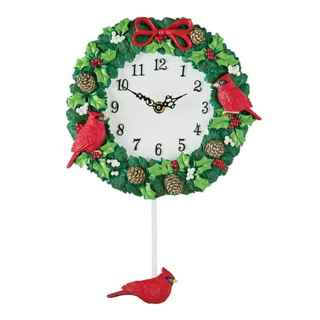 Honda Wall Clock Hand Painted Cardinal Wreath Christmas Wall Clock with Pendulum, Artistic Indoor Home Holiday Decoration ()