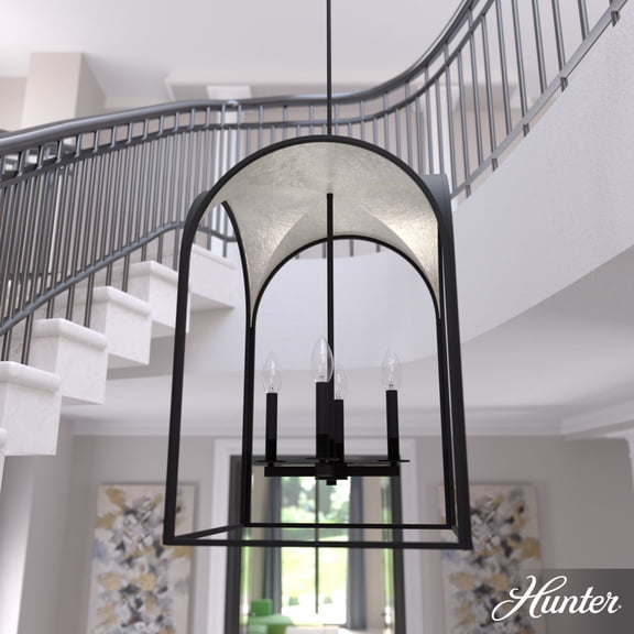Hunter - Dukestown 4-light Natural Black Iron, Medium Size Pendant Light, Dimmable, Formal Style, Lantern Shaped, for Bedrooms, Dining, Living Rooms - 19734