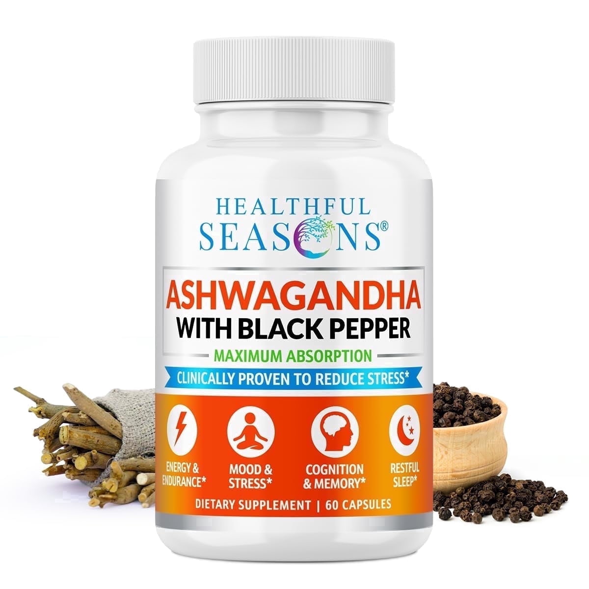 Healthful Seasons Ashwagandha Capsules with Black Pepper – Supports Mood, Sleep, Energy & Adrenal Health – 800 mg per Serving – 60 Capsules
