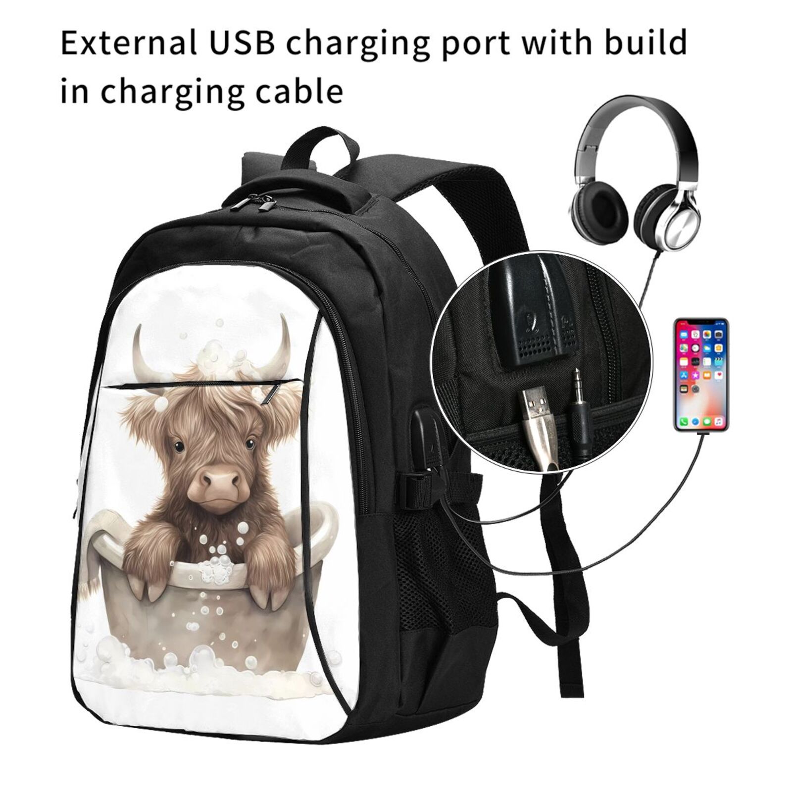 Horeoi Cute Cow Bath Print USB Backpack for Travel School Work with Laptop Compartment Charging Port and Anti-Theft Pocket