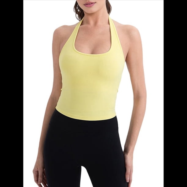 Top Corto con Cuello Halter para Mujer, Cuello en V, para Hacer Ejercicio, Salir, Sin Mangas, Espalda Descubierta, Camisola de Verano . Amarillo Brillante L