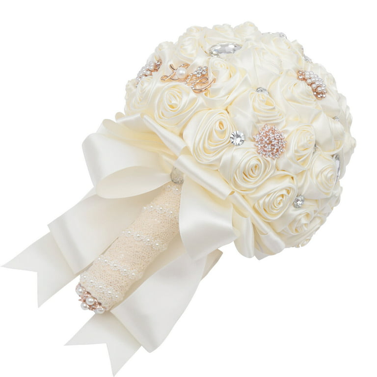 Denest Artificial Ribbon Flower Bouquet Wedding Hand Bouquet Wedding Bouquet for Bride, Size: 20*31cm/ 7.87*12.2in, White