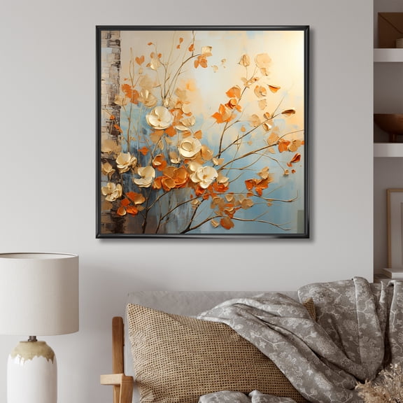 Designart "Leaves In The Breeze With Gold And Orange II" Leaves Floater Framed Wall Decor