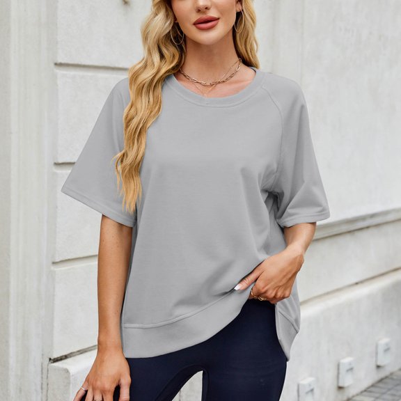 Trikvn Women's Short Sleeve Sweatshirt Crewneck Pullover Tops Casual Loose Fit Lightweight Activewear Comfy Basic Summer Fall Flattering Lounge Shirts Daily Wear