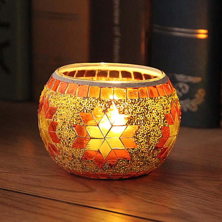 MIATTCLD Mosaic Glass Tea Light Holder - Handmade Stained Glass, 4.1in Diameter, Romantic Votive Candle Holder