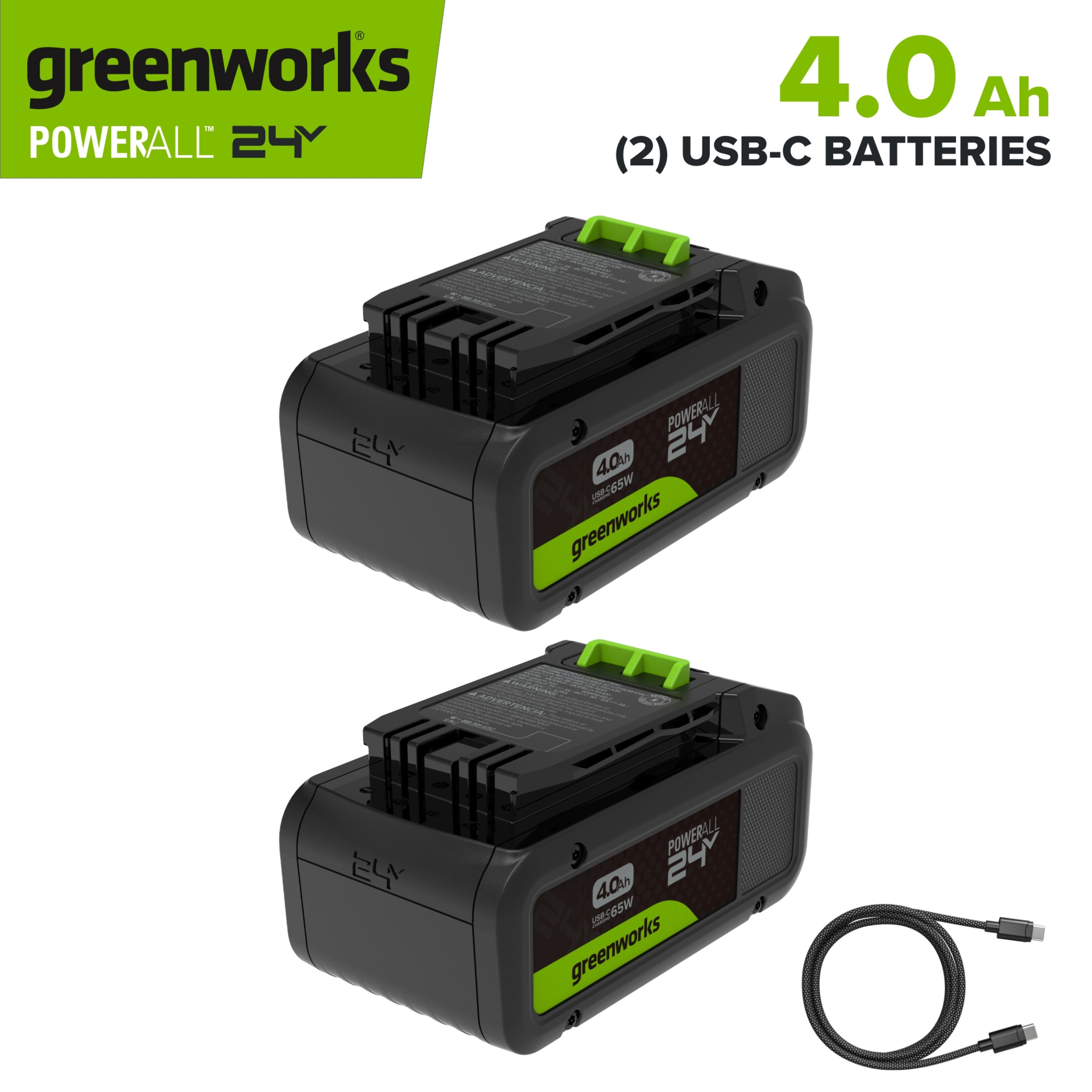 Greenworks PowerAll 24V Battery 2-Pack, (2) 4.0Ah Battery and Cable, K2D8NNAA3