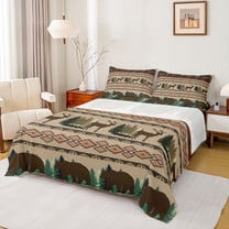 Manfei Deer Bear Silhouette Full Size Sheets,Vintage Boho Aztec Bed Sheets,Brown Green Sheet Sets For Boys Teens,Microfiber Bedroom Decor,4pcs