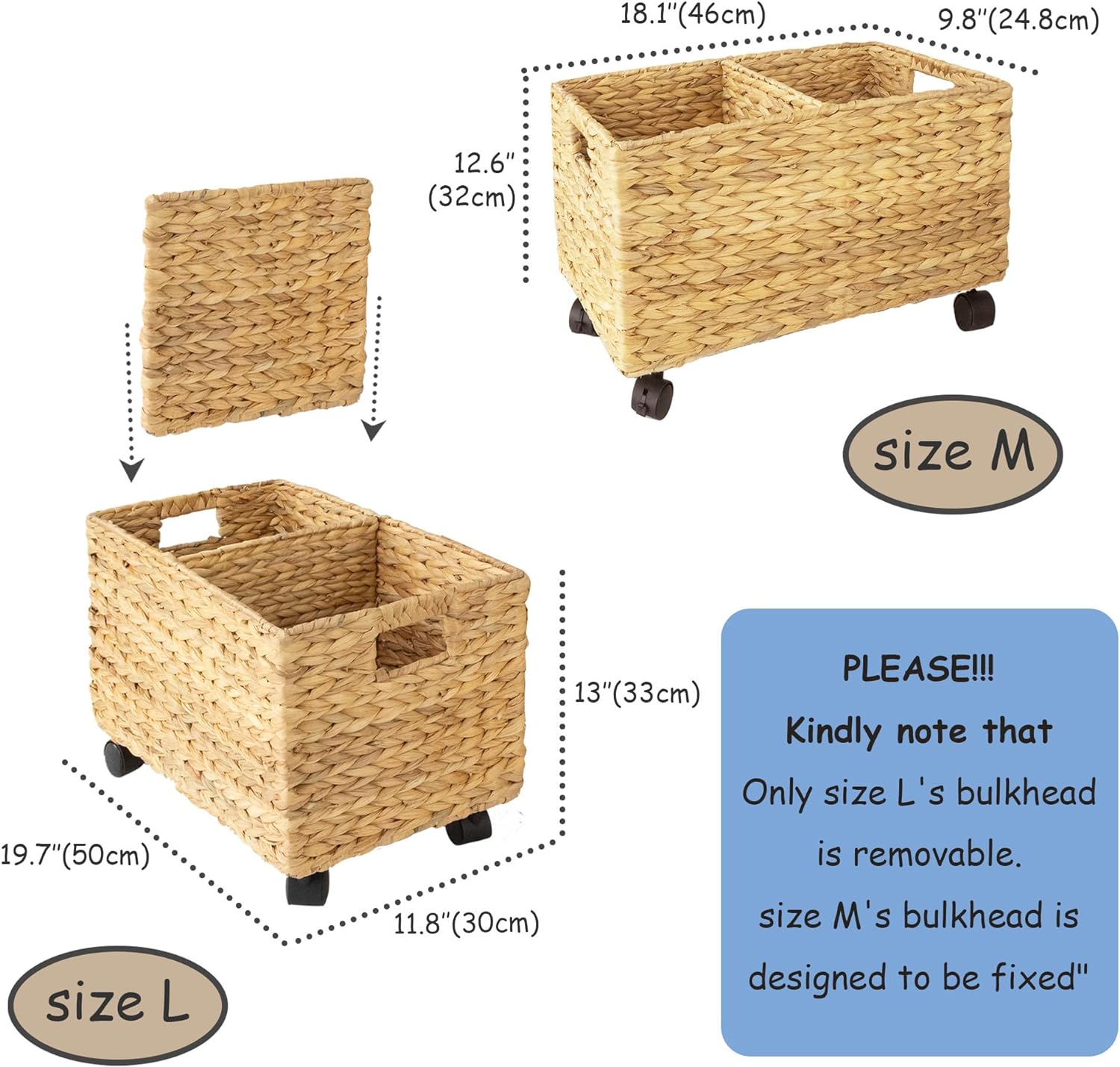 Rolling Wicker Storage Basket Set of 2 – Natural Water Hyacinth & Seagrass Bins on Wheels with Removable Divider & Insert Handles – Nesting Design for Under Desk, Home & Office Organization