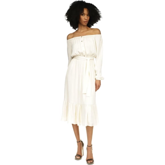 Michael Kors Womens Belted Tie Waist Off-Shoulder Midi Dress, white, XL