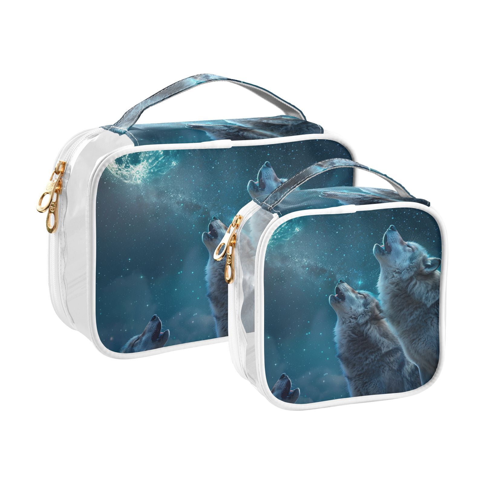 Clear Makeup Bags with Handle Large Opening 2 Pack Set Toiletry Bag Quart Size Bag, for Women Man Traveling Travel Essentials, Toiletries and Other. Wolf