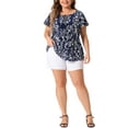 thumbnail image 2 of Agnes Orinda Women's Plus Chiffon Tie Neck Tassel Lace Insert Flare Sleeve Floral Tops 3X Navy Blue, 2 of 6