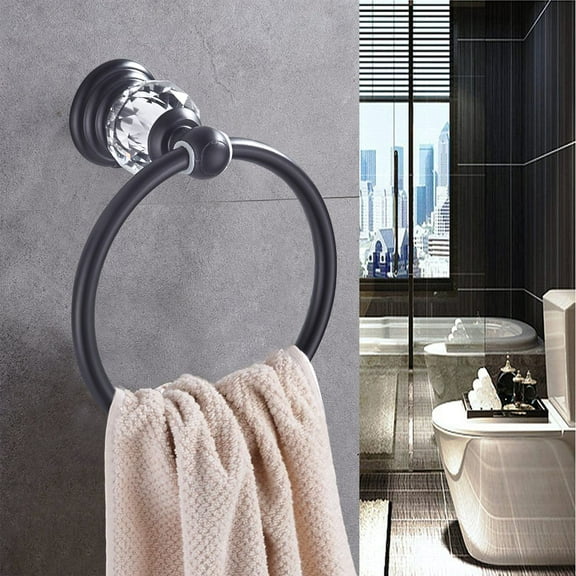 Crystal Towel Ring, Black Hand Towel Holder, Bathroom Round Towel Hanger Racks Wall Mount Matte Black