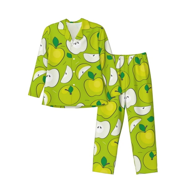 Balery Green Apple Pijama para Hombre de Dos Piezas con Manga Larga, Conjunto de Dormir y Descanso Suave con Bolsillos-Medium