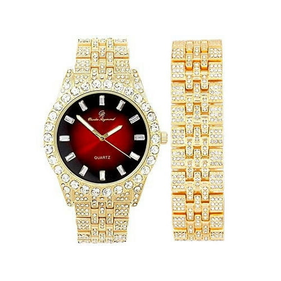 Charles Raymond Mens WristWatch Iced Rolly Hip Hop Bracelet - Big Rhinestones and Baguette Time Indicators on Dial - Master Bling Designer - ST10226B (Matching Gold/Blood Red BA)