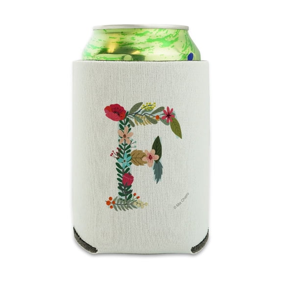 Letter F Floral Monogram Initial Can Cooler - Drink Sleeve Hugger Collapsible Insulator - Beverage Insulated Holder