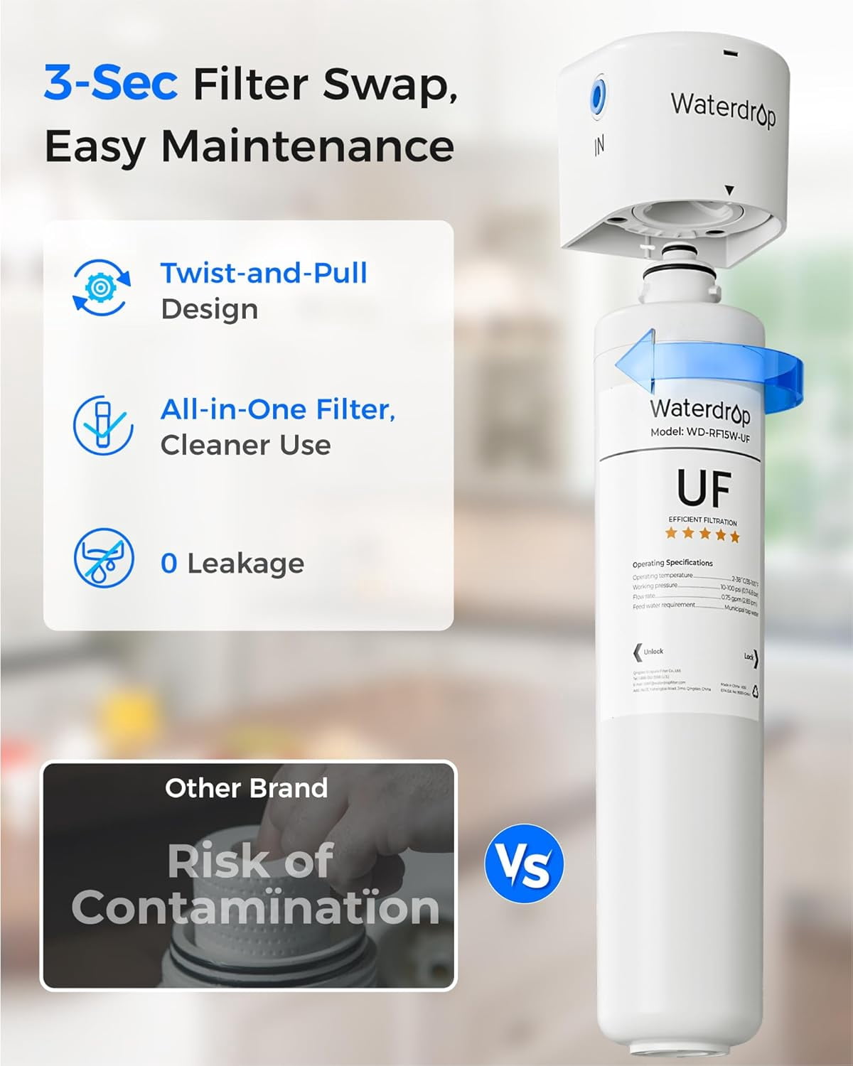 Waterdrop 15UBW-UF 0.01 μm Ultra Filtration Under Sink Water Filter System, Reduces Lead, Chlorine, Bad Taste & Odor, 2 Years