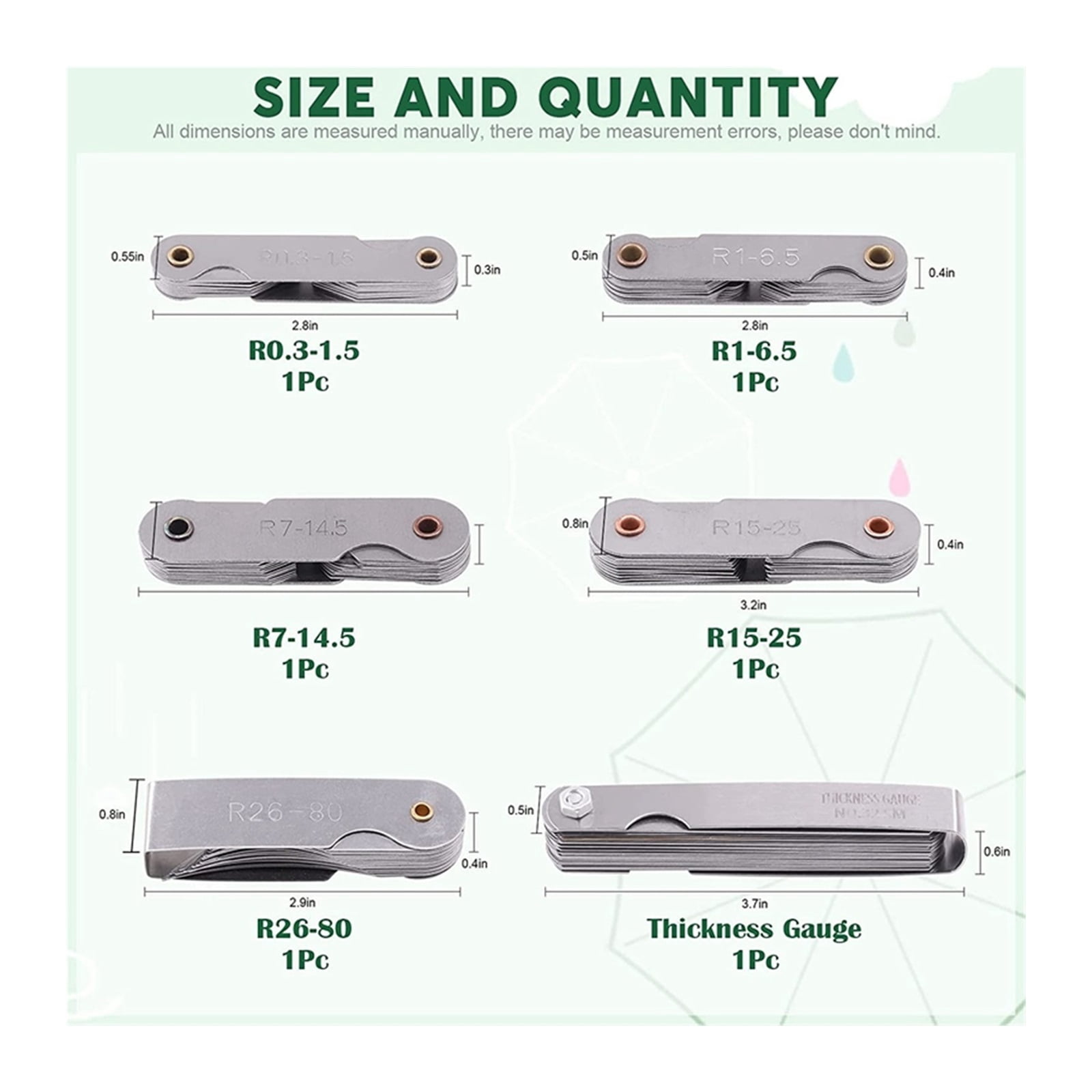6 Pcs Stainless Steel Radius Gauge With Feeler Gauge Set Arc Radius Fillet Gauge And 0.04-0.88Mm Space Measure Tool ,Easy to Use