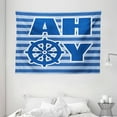 thumbnail image 1 of Ahoy Its a Boy Tapestry, Ahoy Written with Nautical Wheel Striped Nursery Wall Art Decor, Wall Hanging for Bedroom Living Room Dorm Decor, 80W X 60L Inches, Blue Light Blue White, by Ambesonne, 1 of 2