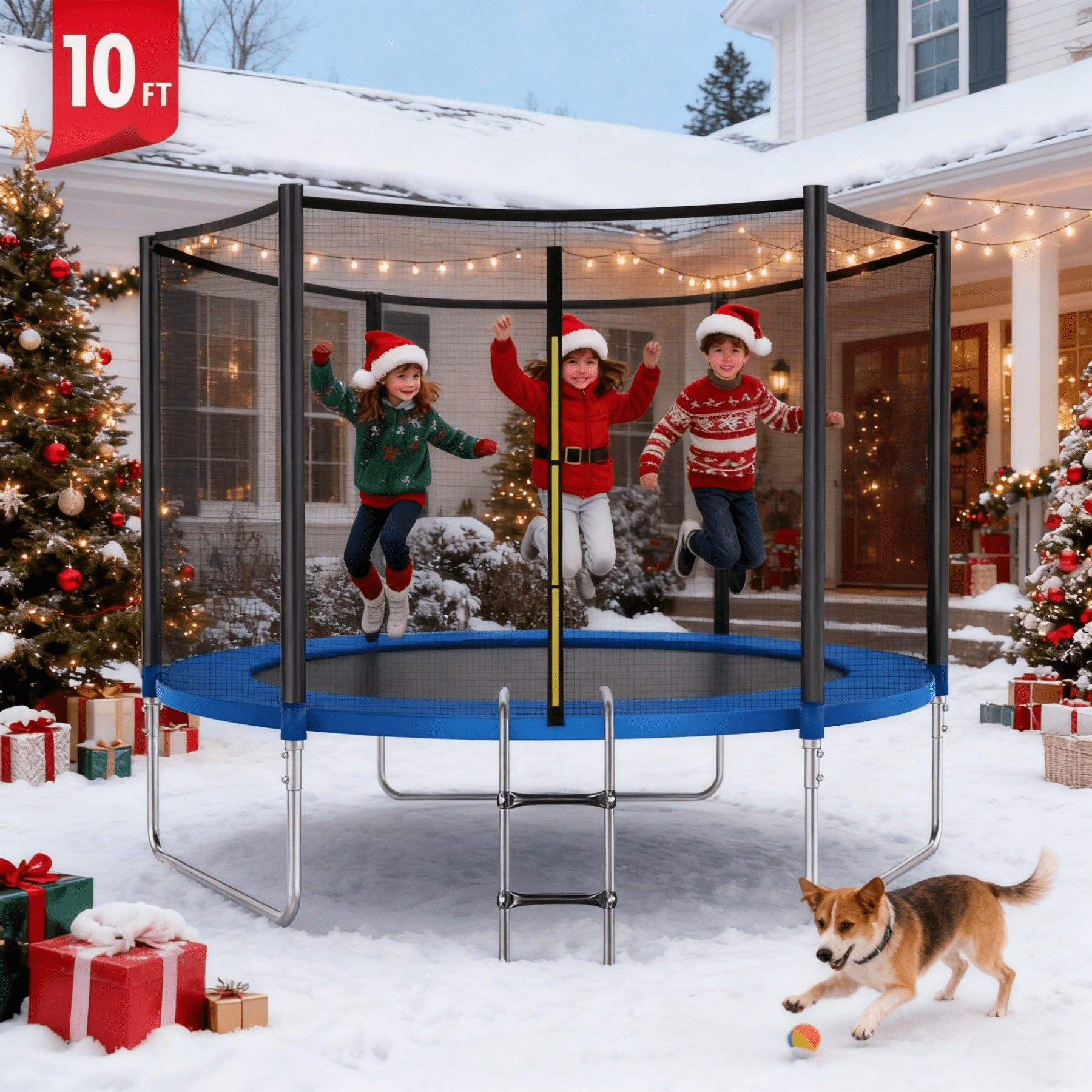 FUNTOK 10FT Trampoline for Kids and Adults, Recreational Trampoline with Enclosure Net, 600LBS Capacity Outdoor Backyard Trampoline w/ Ladder for 3-4 Kids