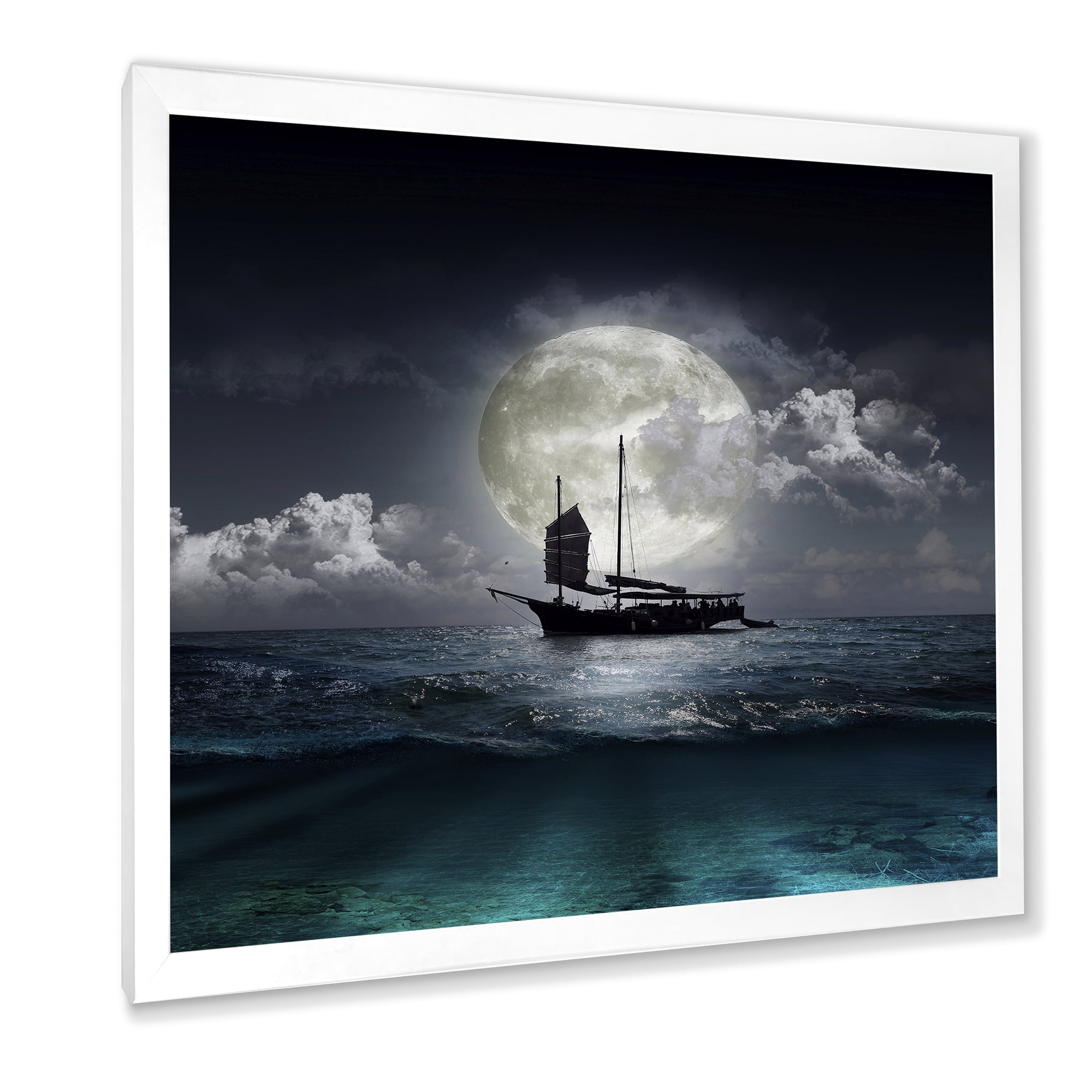 The Lake During Full Moon With Fisher Boat 16 in x 16 in Framed Photography Canvas Art Print, by Designart