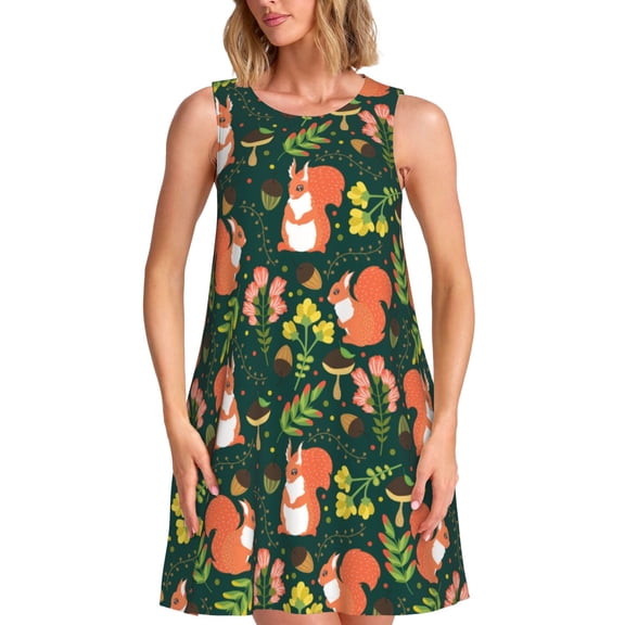 Zeuib Forest Squirrel Print Women's Sleeveless Dress,Beach Casual Summer Dresses,Tank Loose Sundress with Pocket