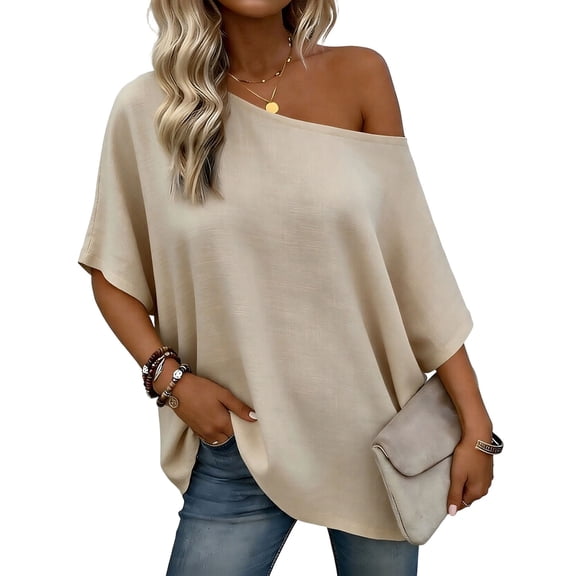 ZUKMRJPC Women's Off The Shoulder Tops Oversized Short Batwing Sleeve Linen Shirts Loose Fit Casual Lightweight Summer Vacation Work Tops