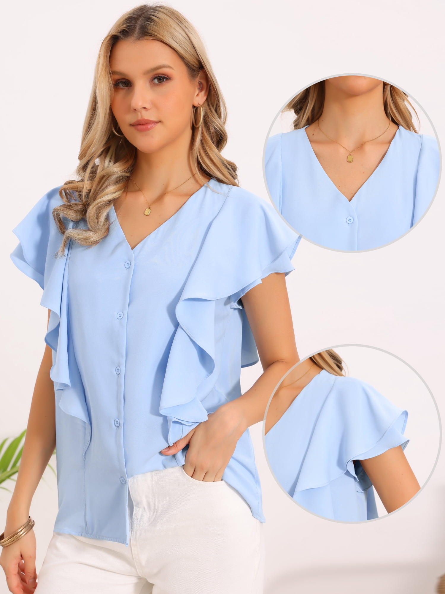 DARING DIVA Women's Ruffled Blouse Short Sleeve V Neck Button Down Top S Light Blue