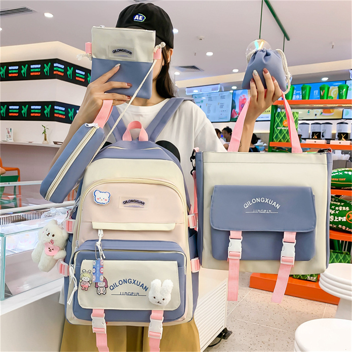 5 Pieces Sets Kawaii Backpacks for Teenage Girls Pink Student School