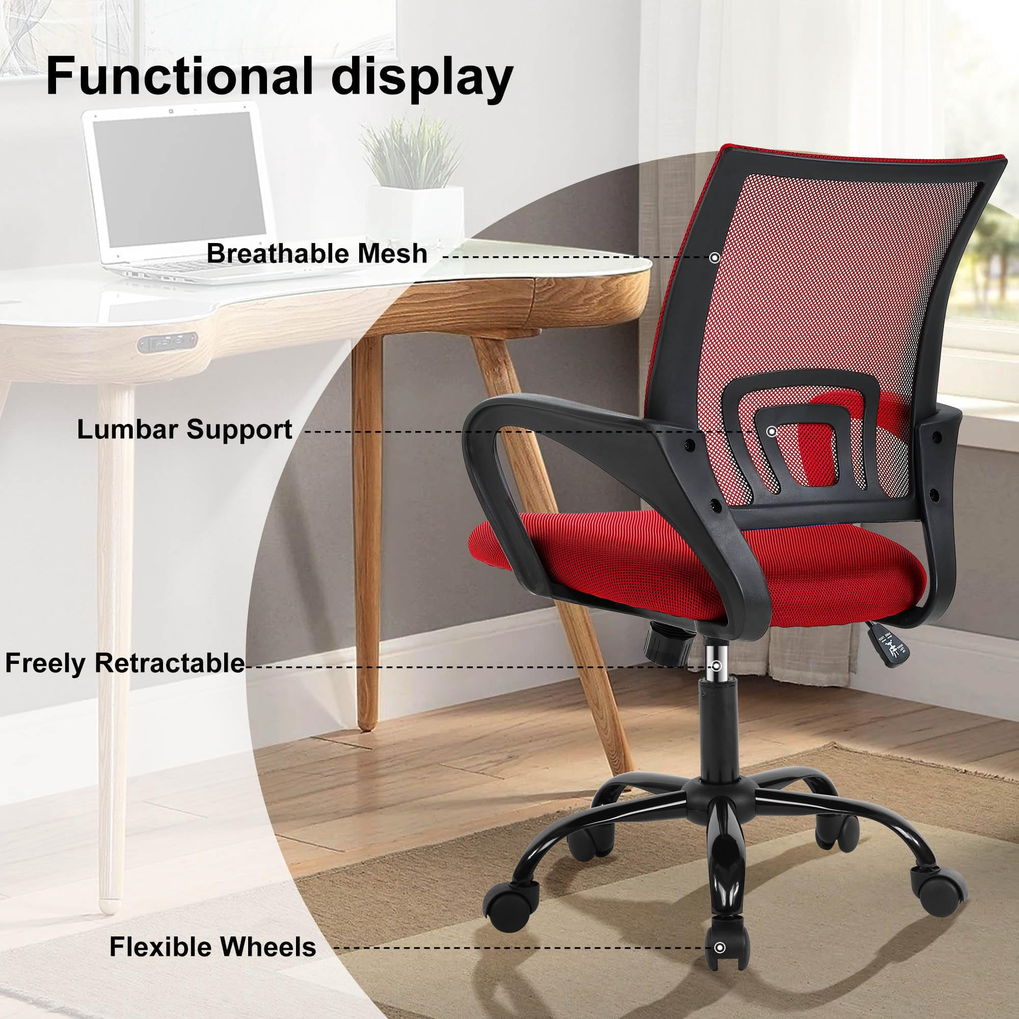 CL.HPAHKL Ergonomic Desk Chair, Mid-Back Mesh Office Chair with Wheels, Rolling Swivel Computer Task Chair for Home Office, Fixed Armrests, Tilt & Height Adjustable, Red