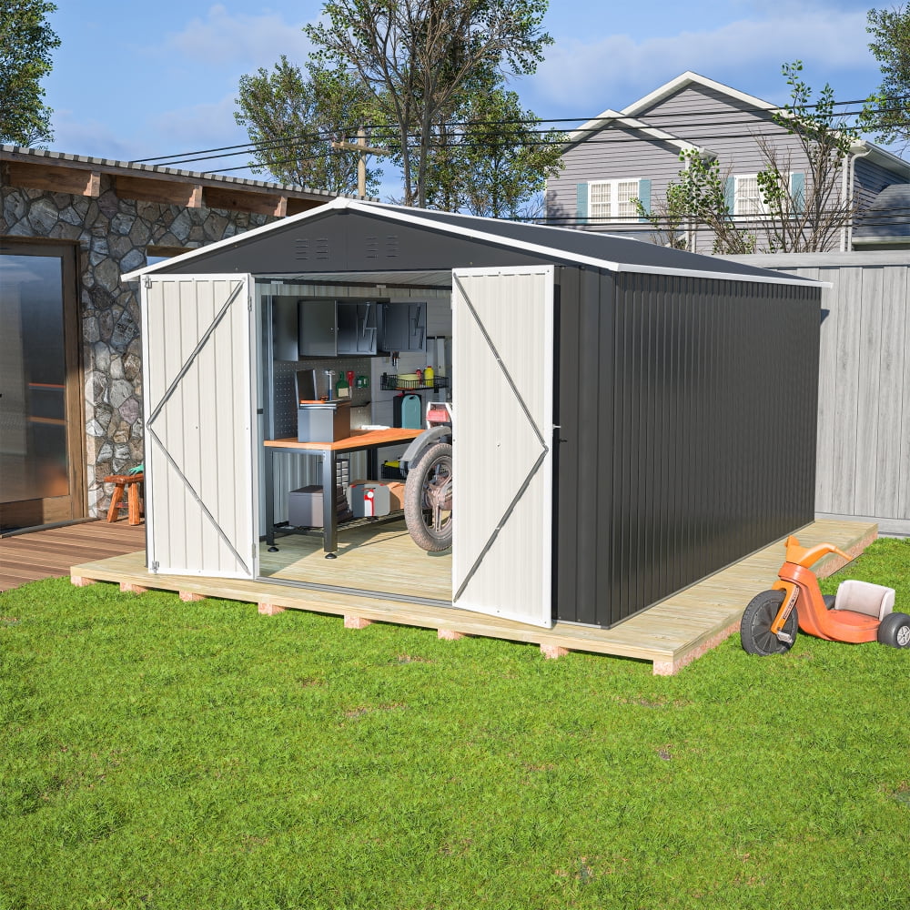 10x12 FT Metal Outdoor Storage Shed – Large Utility Tool Shed with Lockable Doors and Reinforced Frame, Black Garden Storage for Backyard & Patio