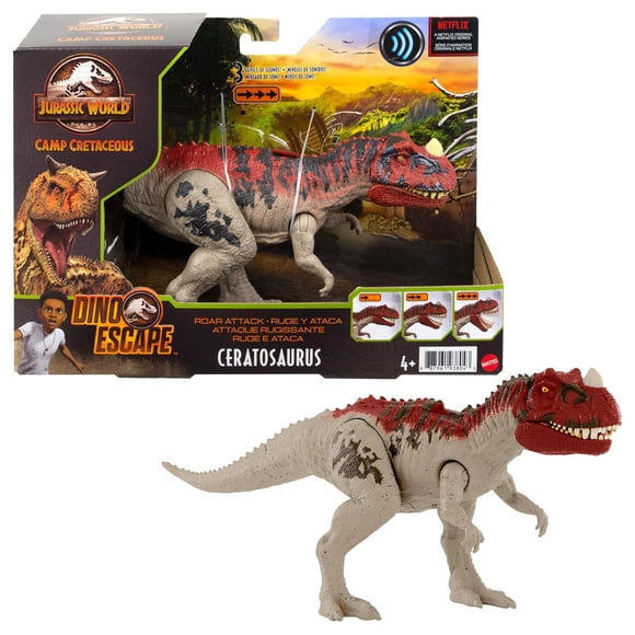 Jurassic World Camp Cretaceous Roar Attack Ceratosaurus Dinosaur Action Figure, Toy Gift with Strike Feature and Sounds