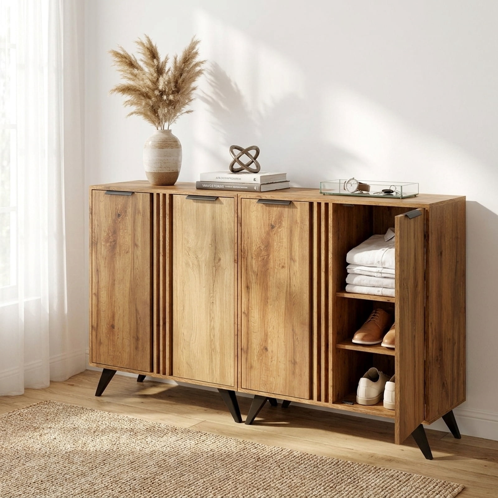 Furnibear 4 Tier Freestanding Hidden Shoe Cabinet with 2 Doors and Ventilated Shelves for Entryway Closet and Living Room, Natural