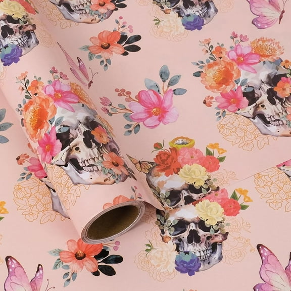 Gothic Wrapping Paper Roll, 23 Inch x 58 Inch Skull Floral Berry Design Gift Wrap Paper for Mother's Day, Birthday Bridal Shower