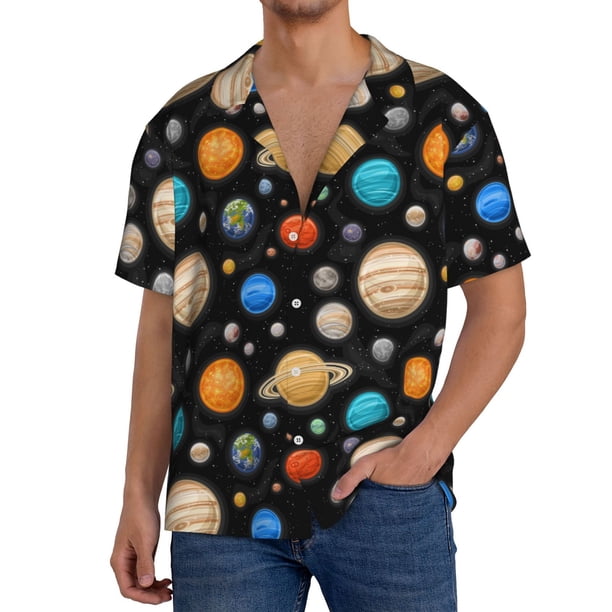 Balery Planets In Deep Space Camisa Casual de Manga Corta con Botones para Hombre, Texturizada, Estilo Cubano, para Playa, Verano-Small