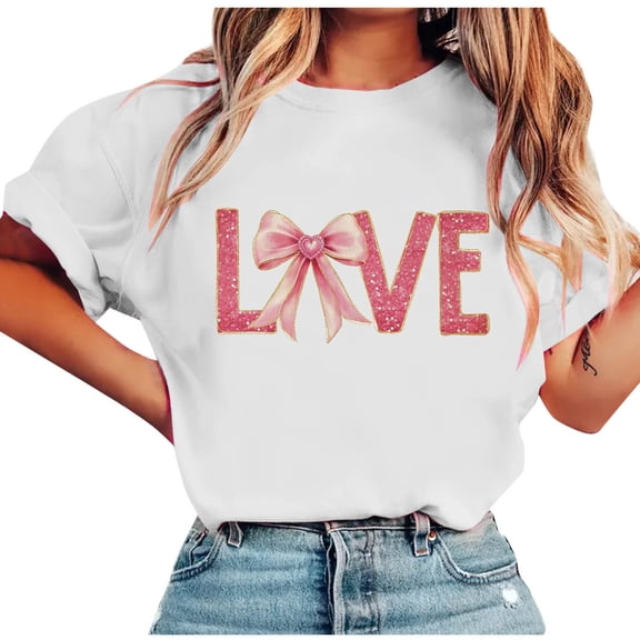 Women's Pink Bow Shirt Valentine Sequins LOVE Tops Short Sleeve Shirts Loose Fit T-Shirt Crew Neck Pullover Tshirt Lightweight Thin Blouse Valentines Date Casual Outfits